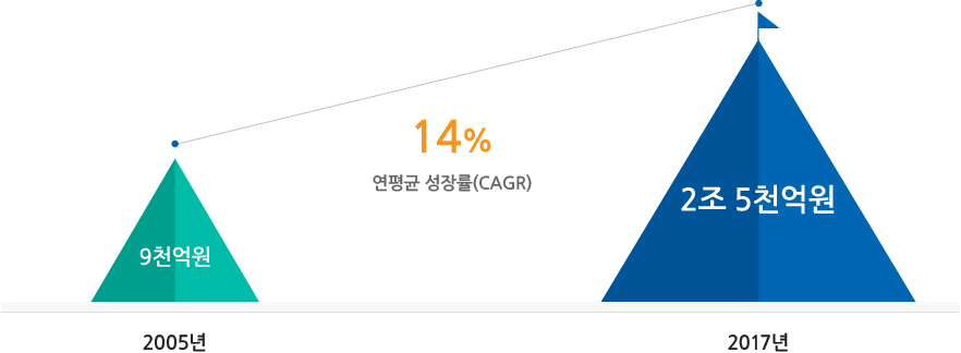 2005년-9천억원, 2013년 2조5천억원 (연평균 성장률(CAGR) 14%)